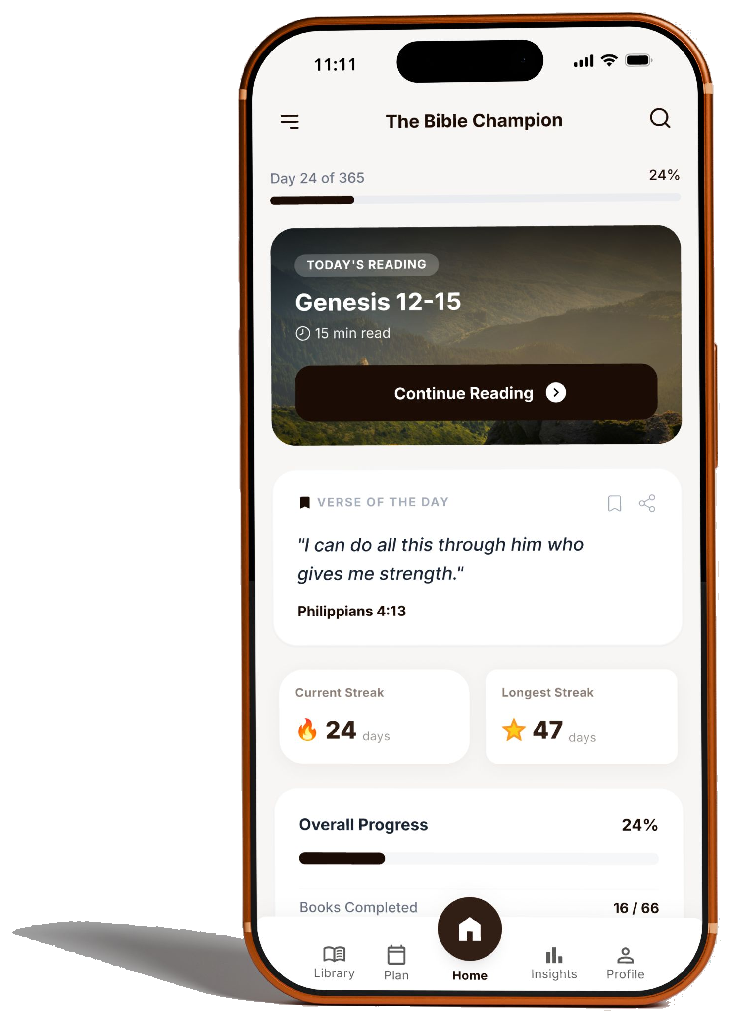 The Bible Champion app showing daily reading, streaks, and progress tracking
